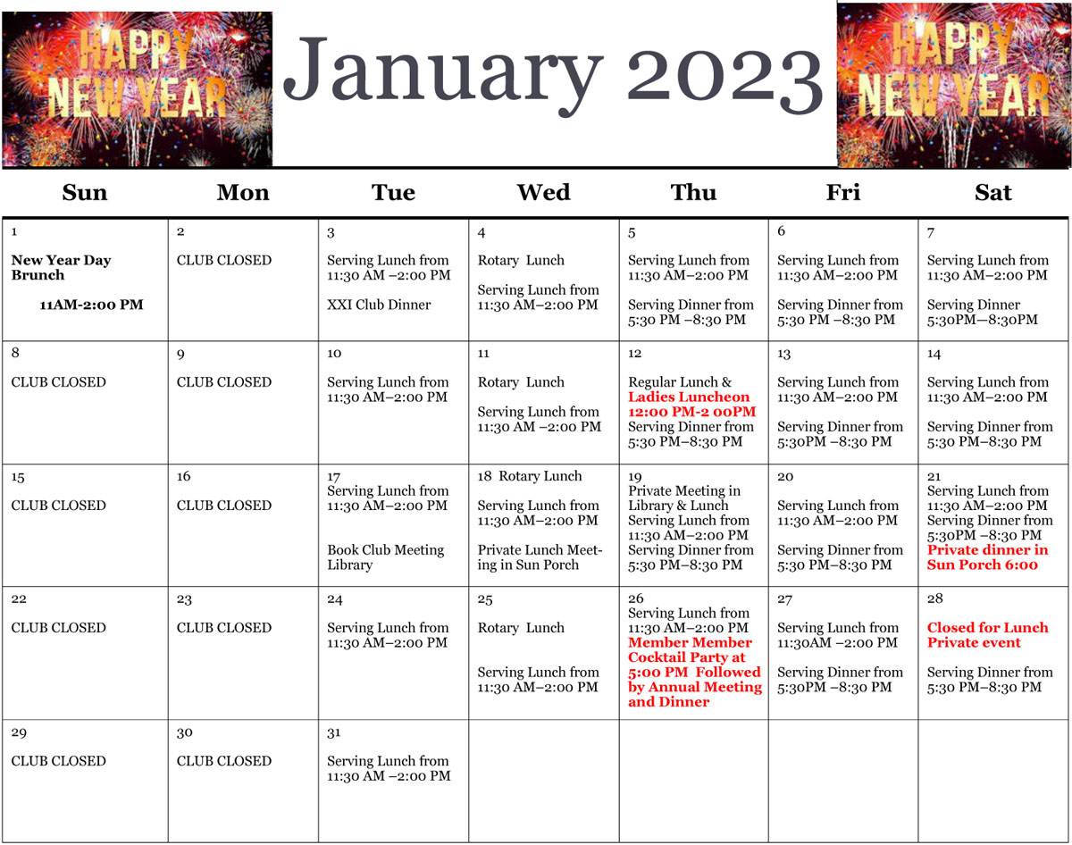 Calendar Overview The Morristown Club